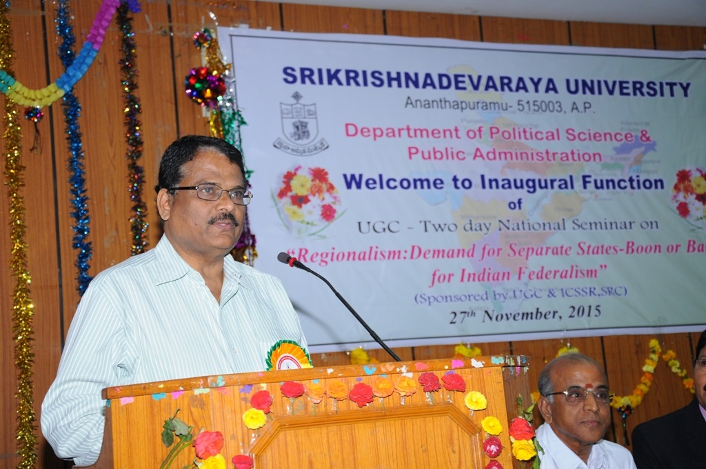 SKU VC Prof.Kuderu Rajagopal addressing students of political science and public administration during inaugural function of two day national seminar